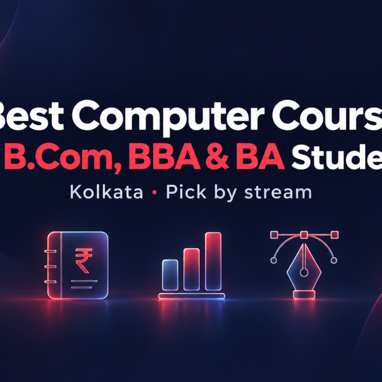 Graphic showing course paths for accounts, data and design, for choosing a computer course for B.Com, BBA and BA students in Kolkata