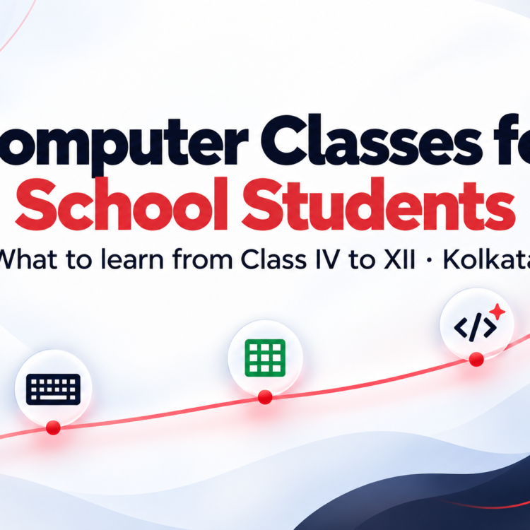 Illustration of a learning path from keyboard skills to spreadsheets to coding, for computer classes for school students in Kolkata