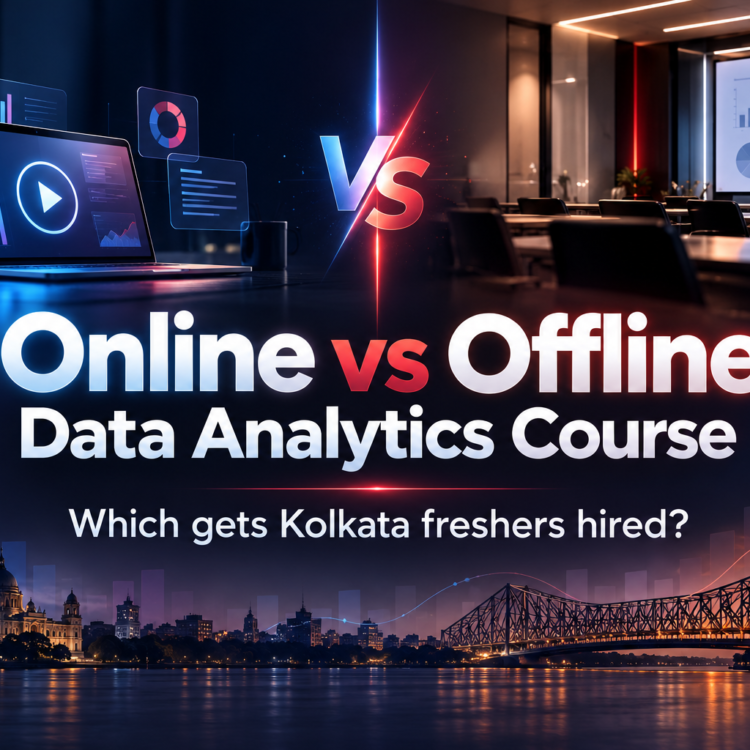 Graphic comparing an online vs offline data analytics course, with a laptop on one side and a classroom on the other