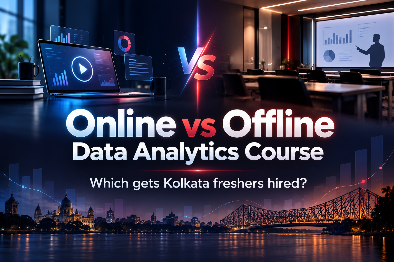 Graphic comparing an online vs offline data analytics course, with a laptop on one side and a classroom on the other